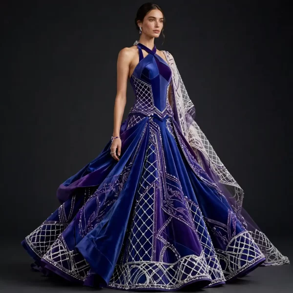ExpensiveE Midnight Blue Velvet Crystal Lattice Lehenga with Constellation Cape