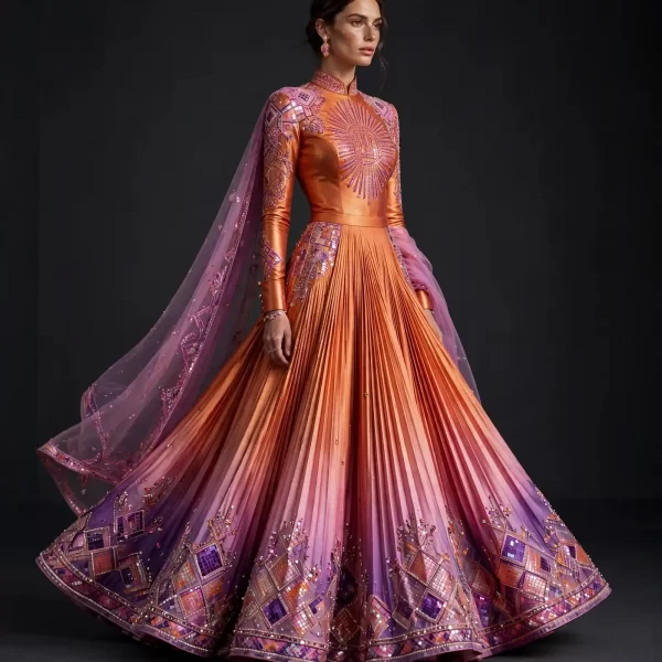 Sunburst ExpensiveE Orange Purple Pleated Bridal Lehenga with Cape