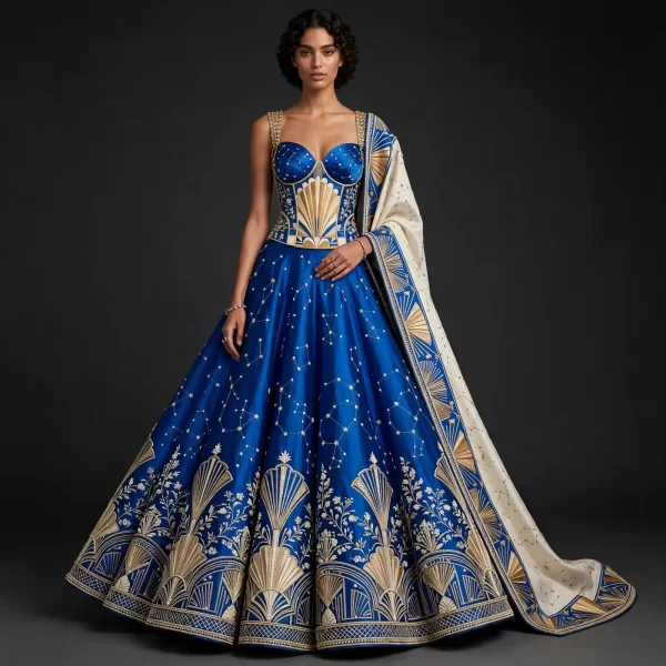 Deco Shell ExpensiveE Royal Blue Art Deco Fan Bridal Lehenga with Cape