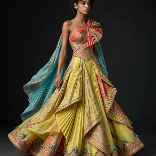 Sunrise Pleat ExpensiveE Yellow Coral Geometric Ruffle Bridal Lehenga Collection