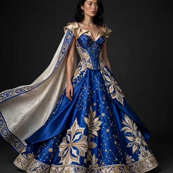 Stellar Bloom ExpensiveE Royal Blue Gold Constellation Floral Bridal Lehenga