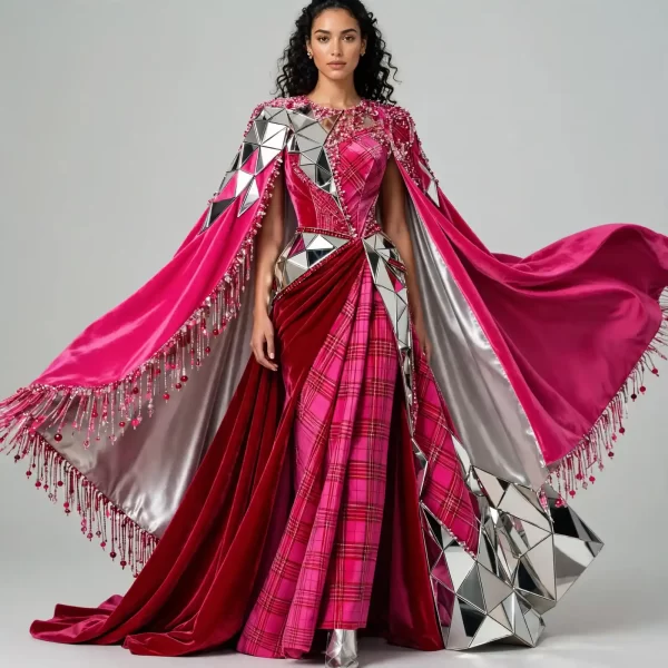 Mirror Armor ExpensiveE Hot Pink Plaid Geometric Cape Bridal Lehenga
