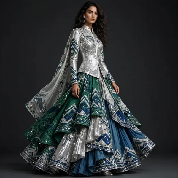 Silver Glacier ExpensiveE Silver Teal Green Zigzag Bridal Lehenga with Cape