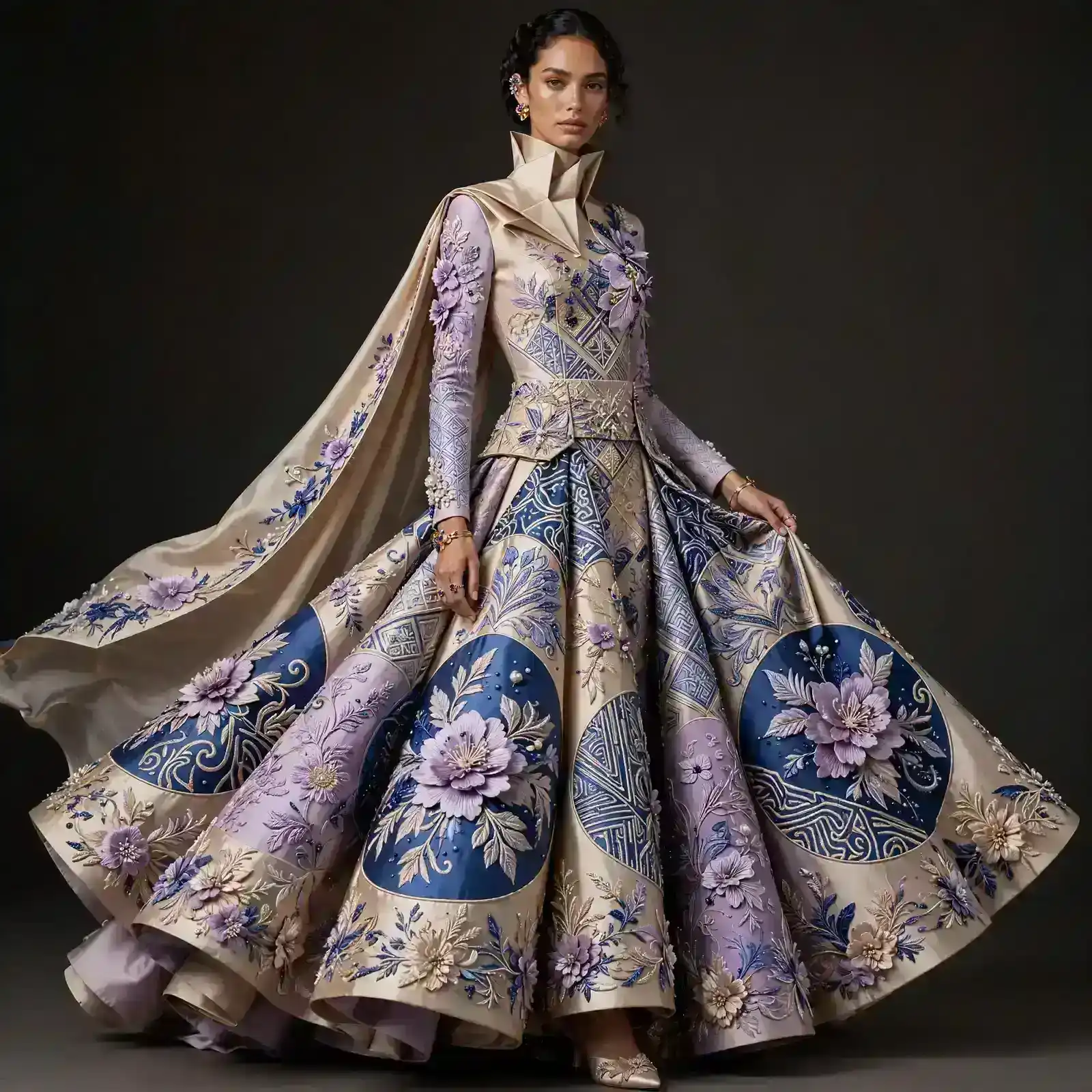 Porcelain Bloom ExpensiveE High Collar Cape Lehenga with Medallion Floral