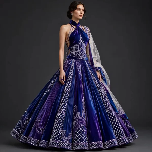 Royal Purple Silver ExpensiveE Halter Lehenga with Grid Cape