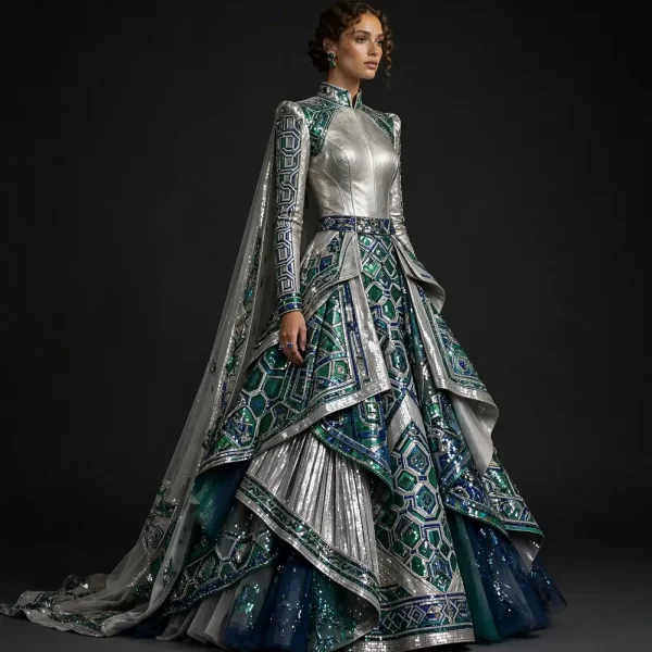 Emerald Silver Geometric ExpensiveE Mandarin Jacket Lehenga with Cape