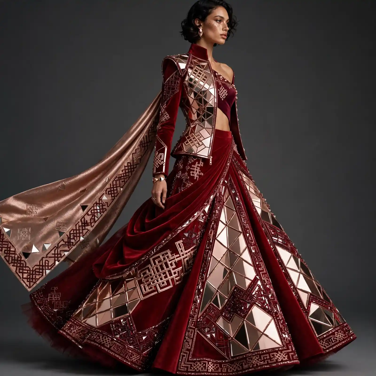 Rose Gold Mirror Triangle ExpensiveE Blazer Lehenga with Cape