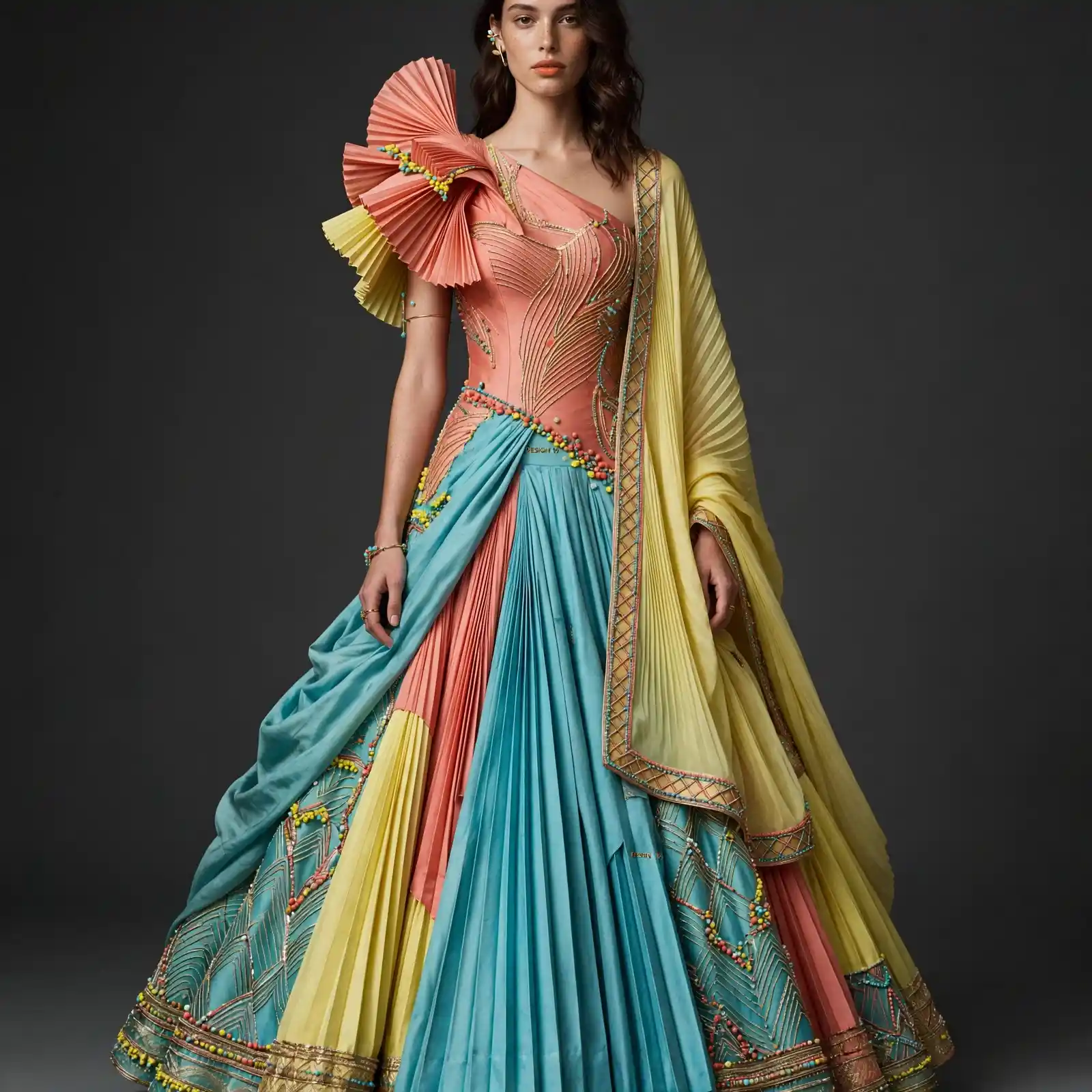 Coral Teal Yellow Pleated ExpensiveE One-Shoulder Lehenga with Fan Ruffle