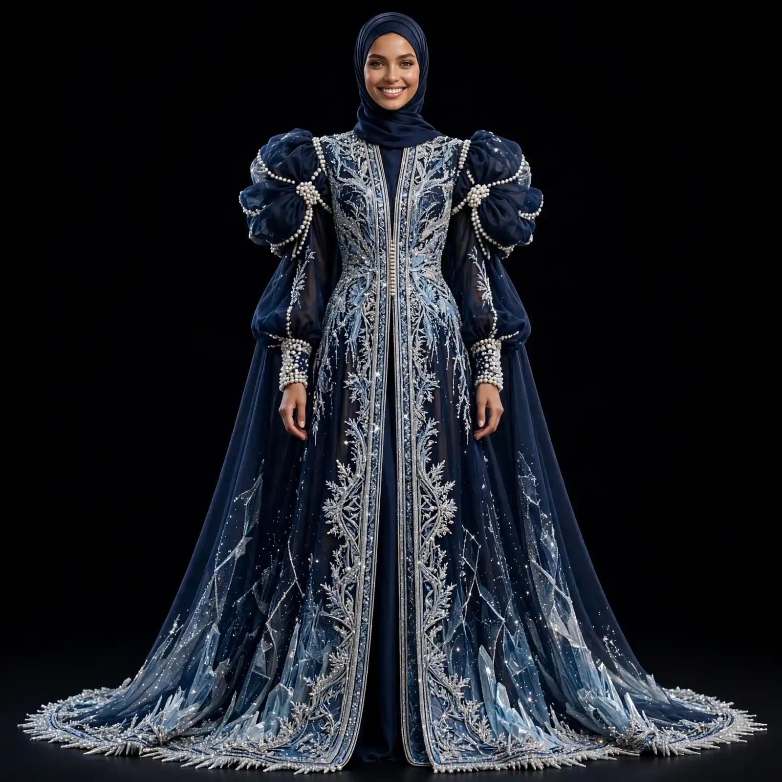 ExpensiveE Midnight Navy Silver Crystal Ice CapeGown with Pearl Puff Sleeves and Hijab