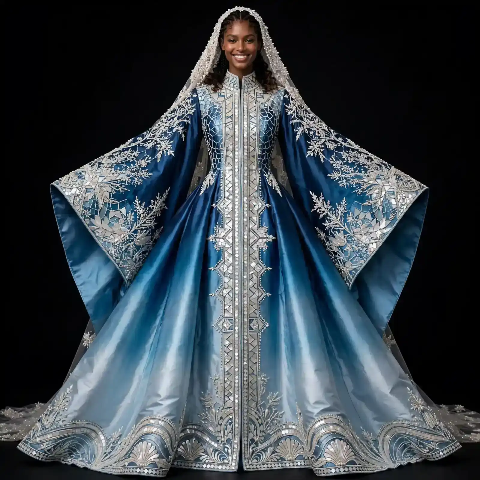 ExpensiveE Ocean Blue Ombre Mirror KaftanGown with Wide Sleeves and Pearl Veil