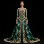 Expensivee Emerald Green Gold Baroque Pearl KaftanGown with Aurora Drapes
