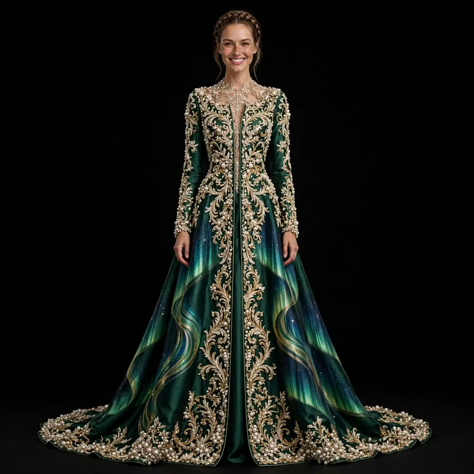 Expensivee Emerald Green Gold Baroque Pearl KaftanGown with Aurora Drapes