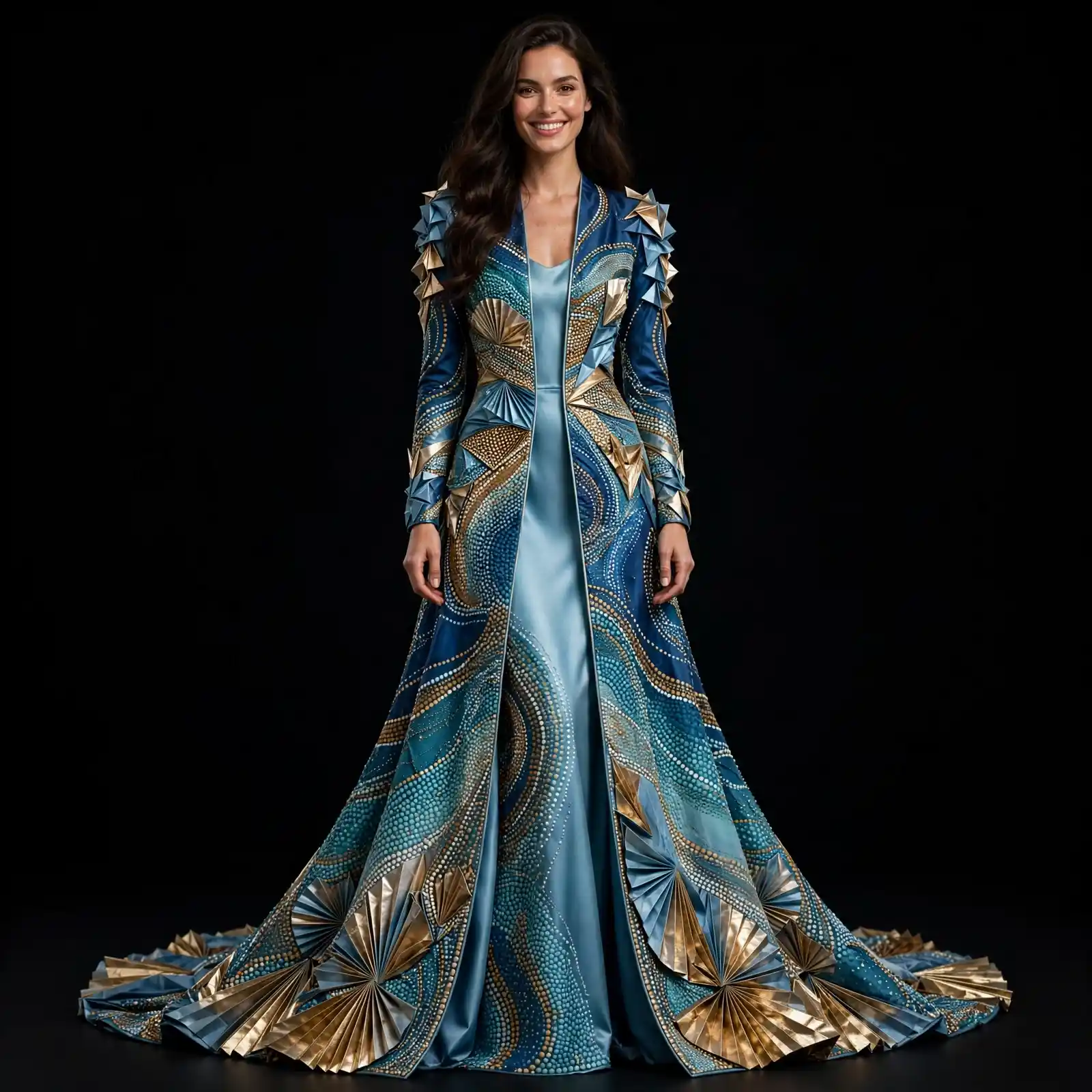 Expensivee Ice Blue Gold Origami Pleated Dotwork Cape Coat with Fan Pleats and Crystal Waves