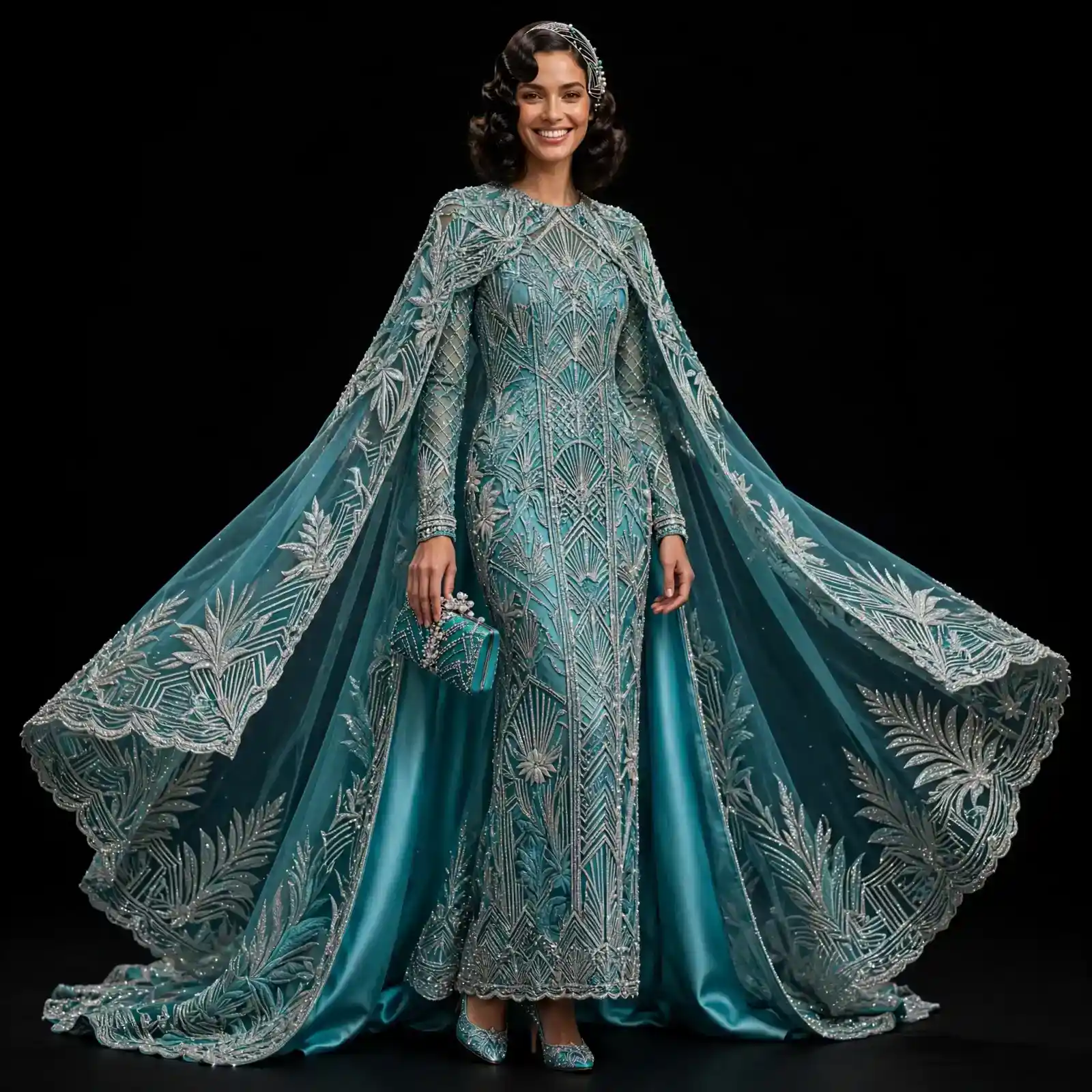 ExpensiveE Teal Blue Silver Art Deco Palm Leaf Cape MermaidGown with Clutch and Crystal Heels
