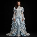 ExpensiveE  Ice Blue Silver Snowflake Ruffled Cape Coat with Sheer Lace and Snowflake Embroidery