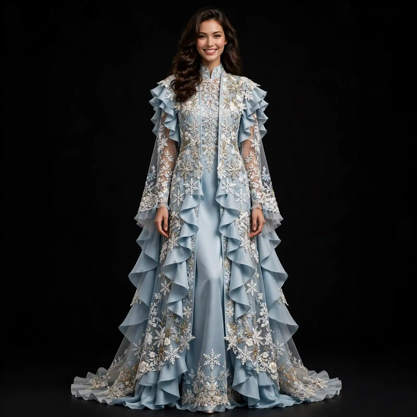 ExpensiveE Ice Blue Silver Snowflake Ruffled Cape Coat with Sheer Lace and Snowflake Embroidery
