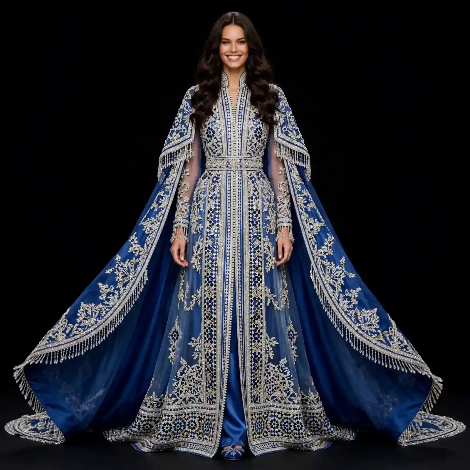 ExpensiveE Royal Blue Silver Moroccan Mosaic Cape KaftanGown with Fringe Tassels and Mirror Tile
