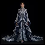 Midnight Navy Ice Blue Crystal Icicle ExpensiveE Ruffled Cape CoatGown