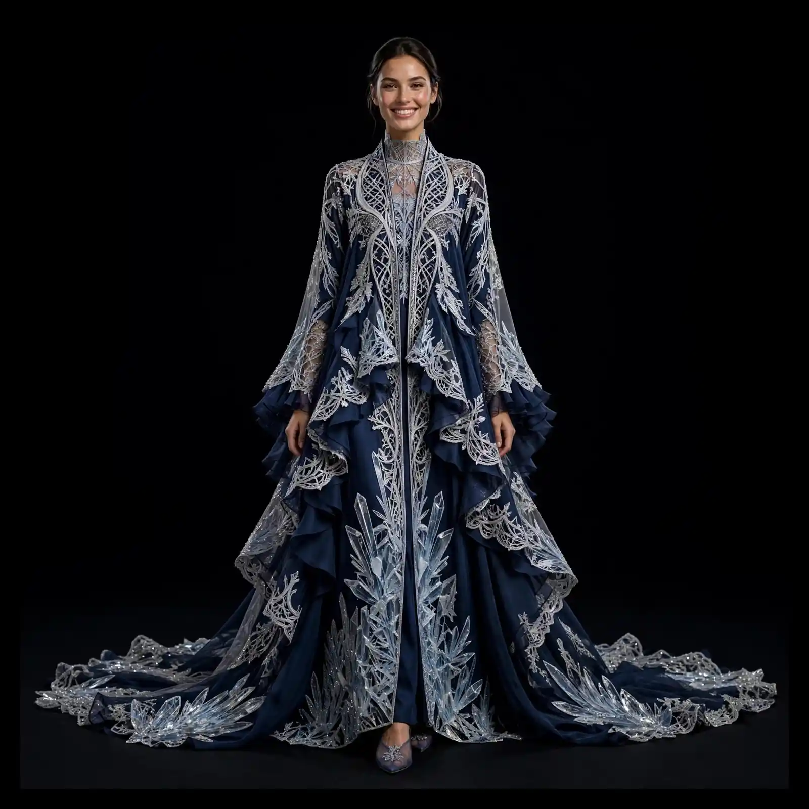 Midnight Navy Ice Blue Crystal Icicle ExpensiveE Ruffled Cape CoatGown