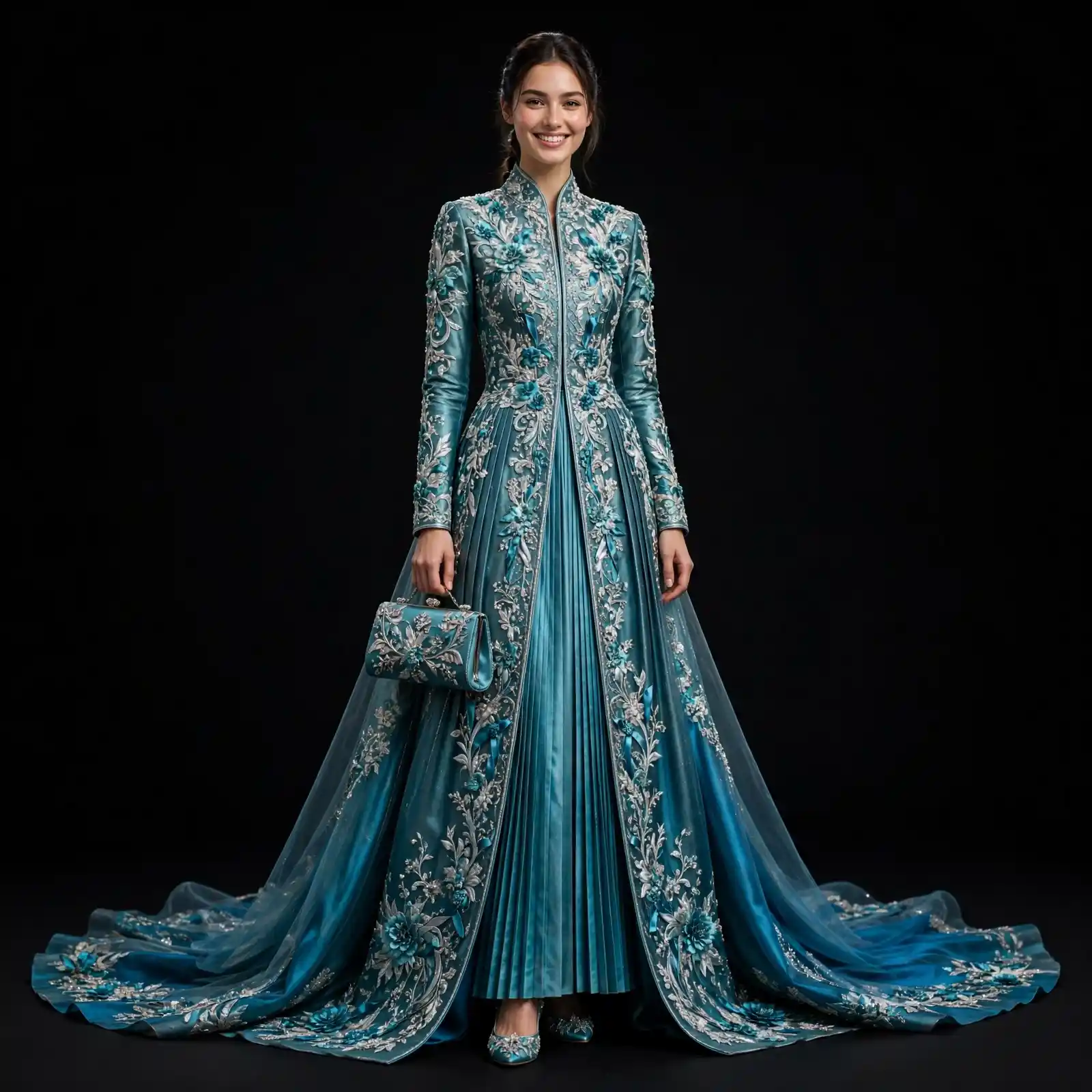 Teal Aqua Silver Floral Pleated ExpensiveE Kaftan Wedding Gown with Clutch and Heels