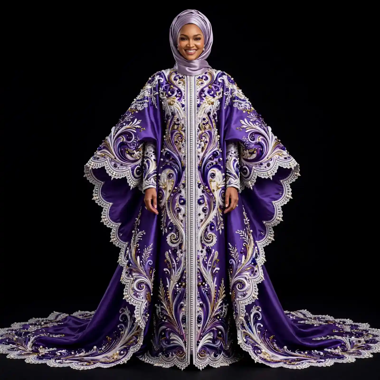 Expensivee Royal Purple Silver Baroque KaftanGown with Pearl Scallop Cape and Hijab
