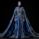 Expensivee Royal Blue Silver Celestial Dotwork CapeGown with Crystal Fringe and Hijab
