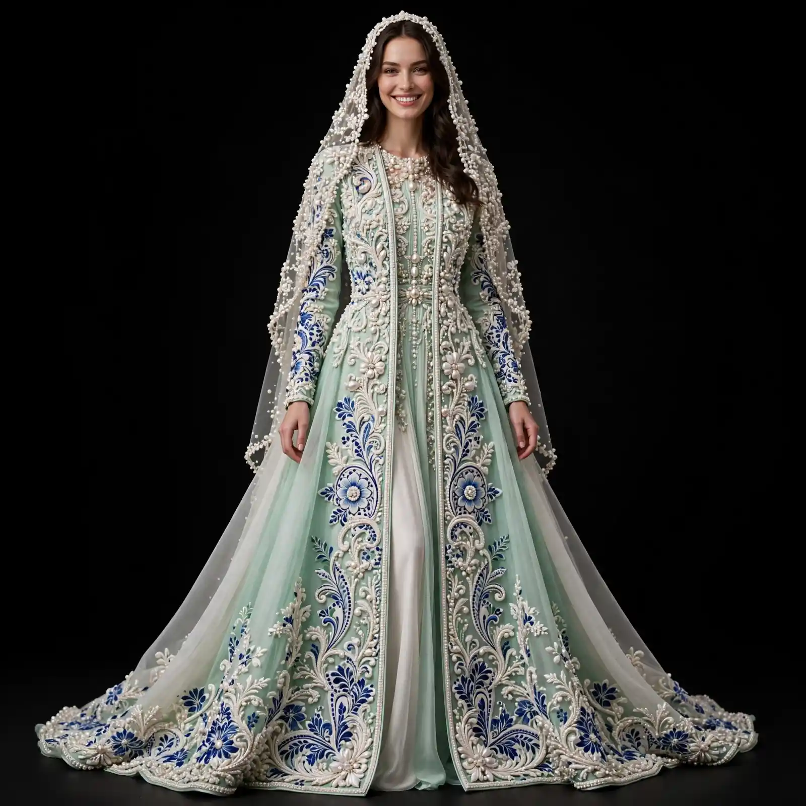 Aqua Porcelain Expensive Pearl Veil WeddingGown with Blue Delft Floral Embroidery