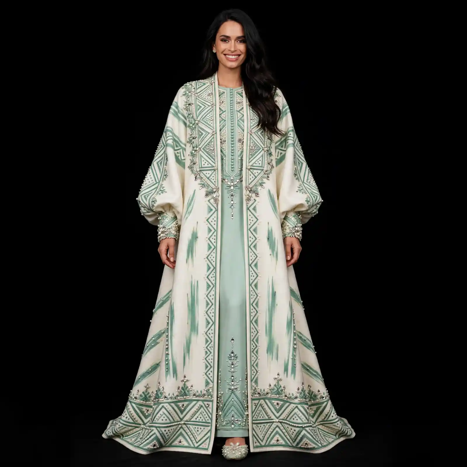 Ikat Mint Expensive Bishop Sleeve Moroccan Kaftan WeddingGown with Pearl Trim