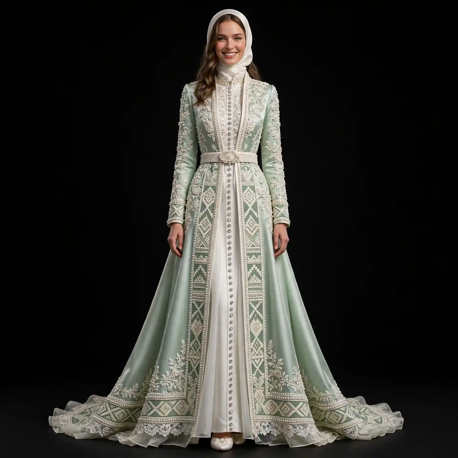 Mint Heritage Expensive Moroccan Embroidered Wedding Kaftan with Crystal Buttons