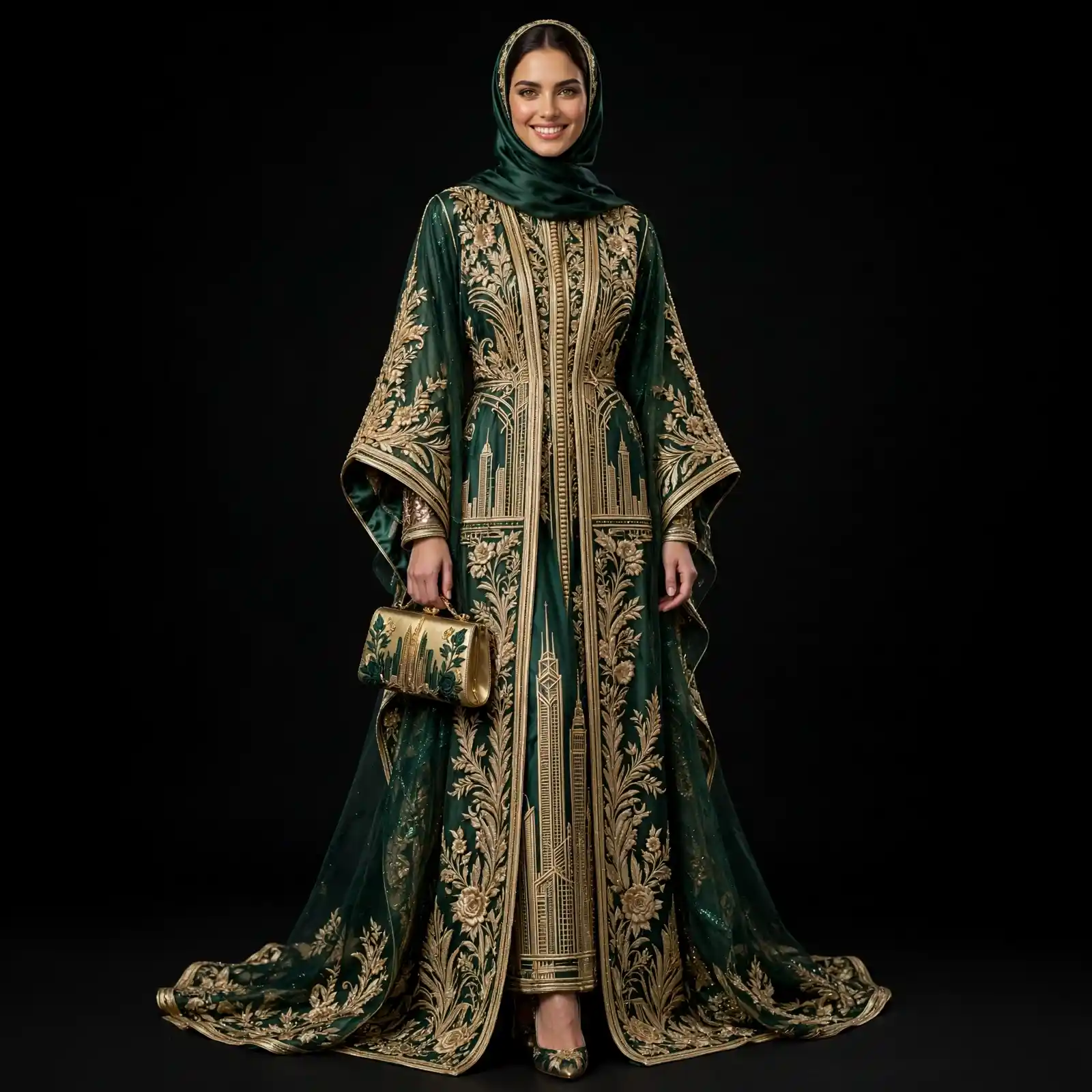 Emerald Skyline Expensive Gold Baroque Dubai Skyline Wedding Kaftan with Clutch