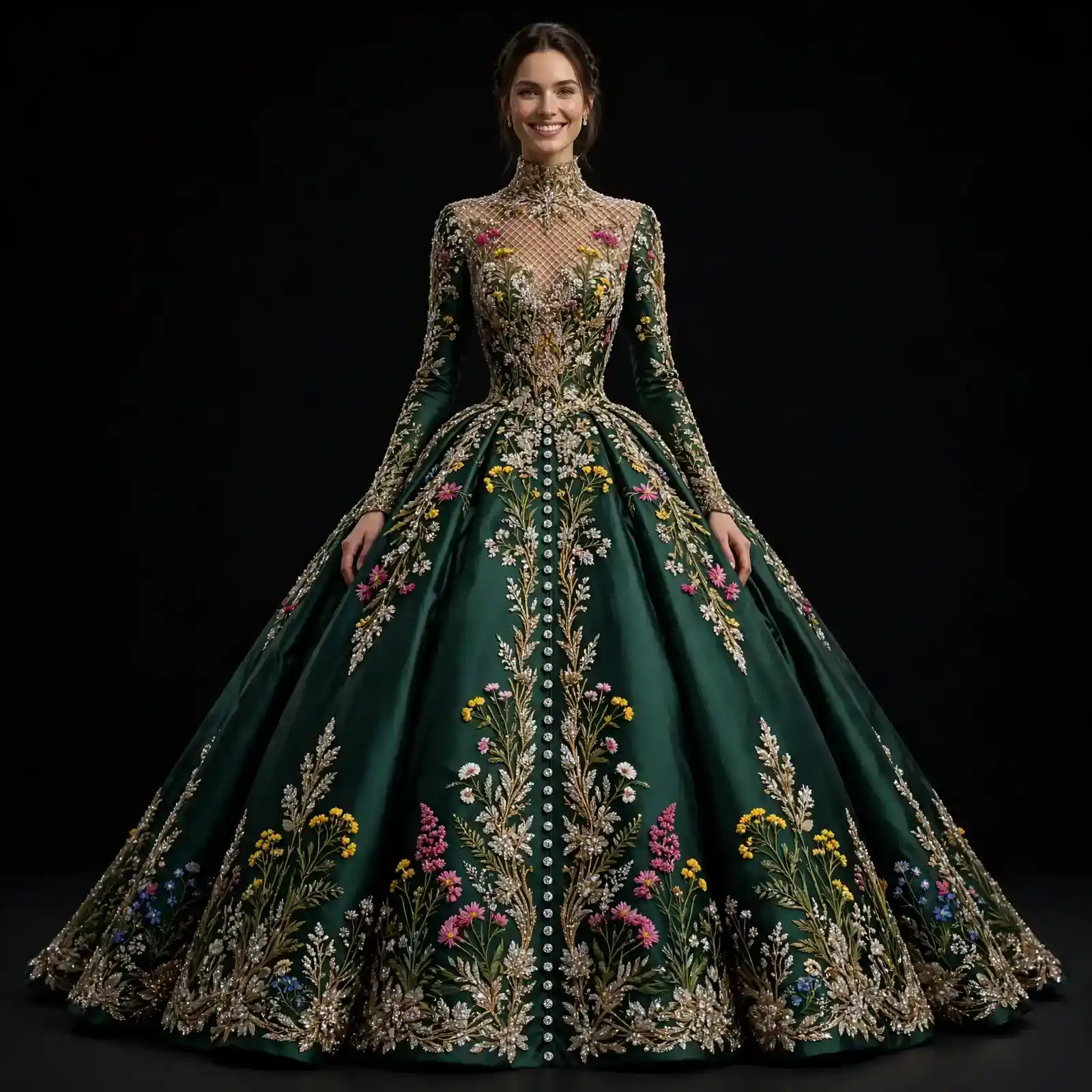 Wildflower Ball Expensive Emerald Green Multicolor Floral Crystal Ball Gown with Mesh