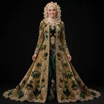 Lotus Velvet ExpensiveE Gold Green Velvet Lotus Pond Embroidered Open AbayaGown with Hijab