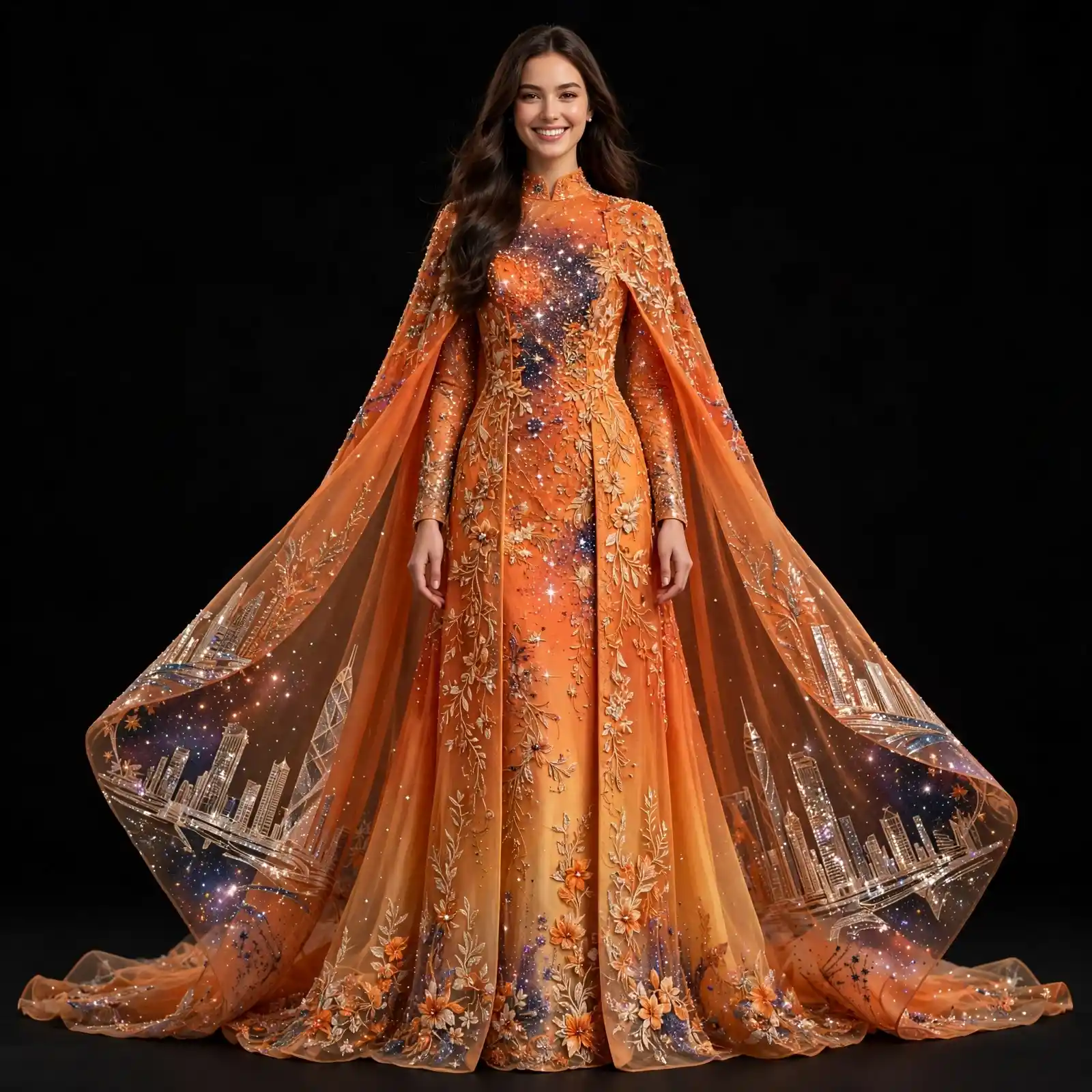 Sunset Orange Gold Constellation Galaxy Expensive Cape Wedding Gown with City Skyline Stars
