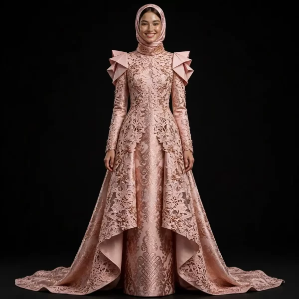 ExpensiveE  Blush Pink Rose Gold Origami Starburst Lace BallGown with Laser-Cut Cape and Hijab