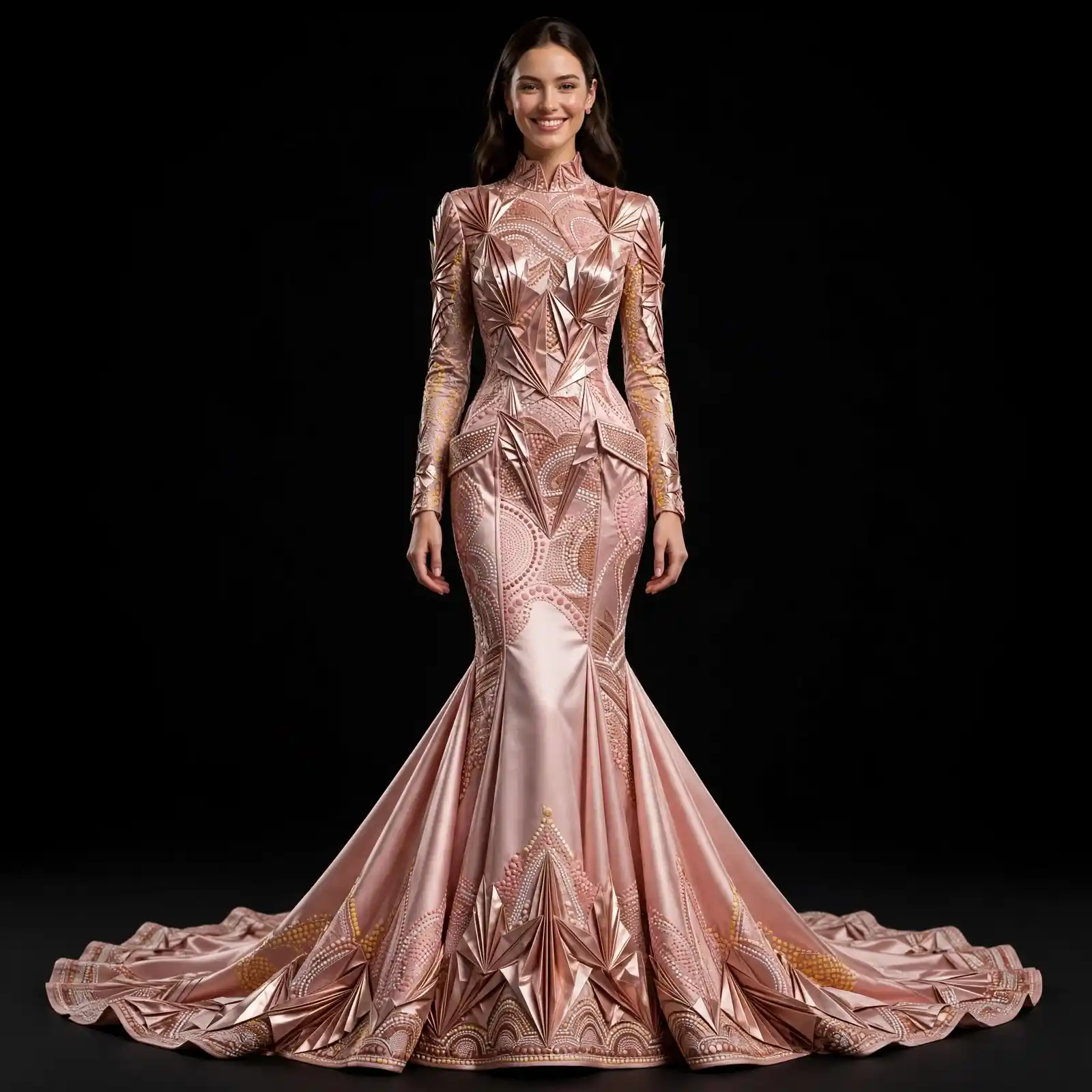 Blush Pink Gold Origami Expensive Mermaid WeddingGown with Fan Pleat Constellation