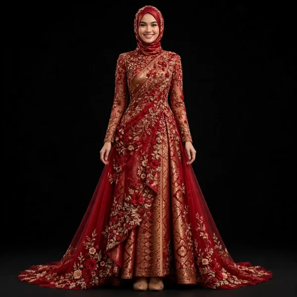 ExpensiveE Ruby Red Gold Floral Saree DrapedGown with Hijab and Gold Brocade