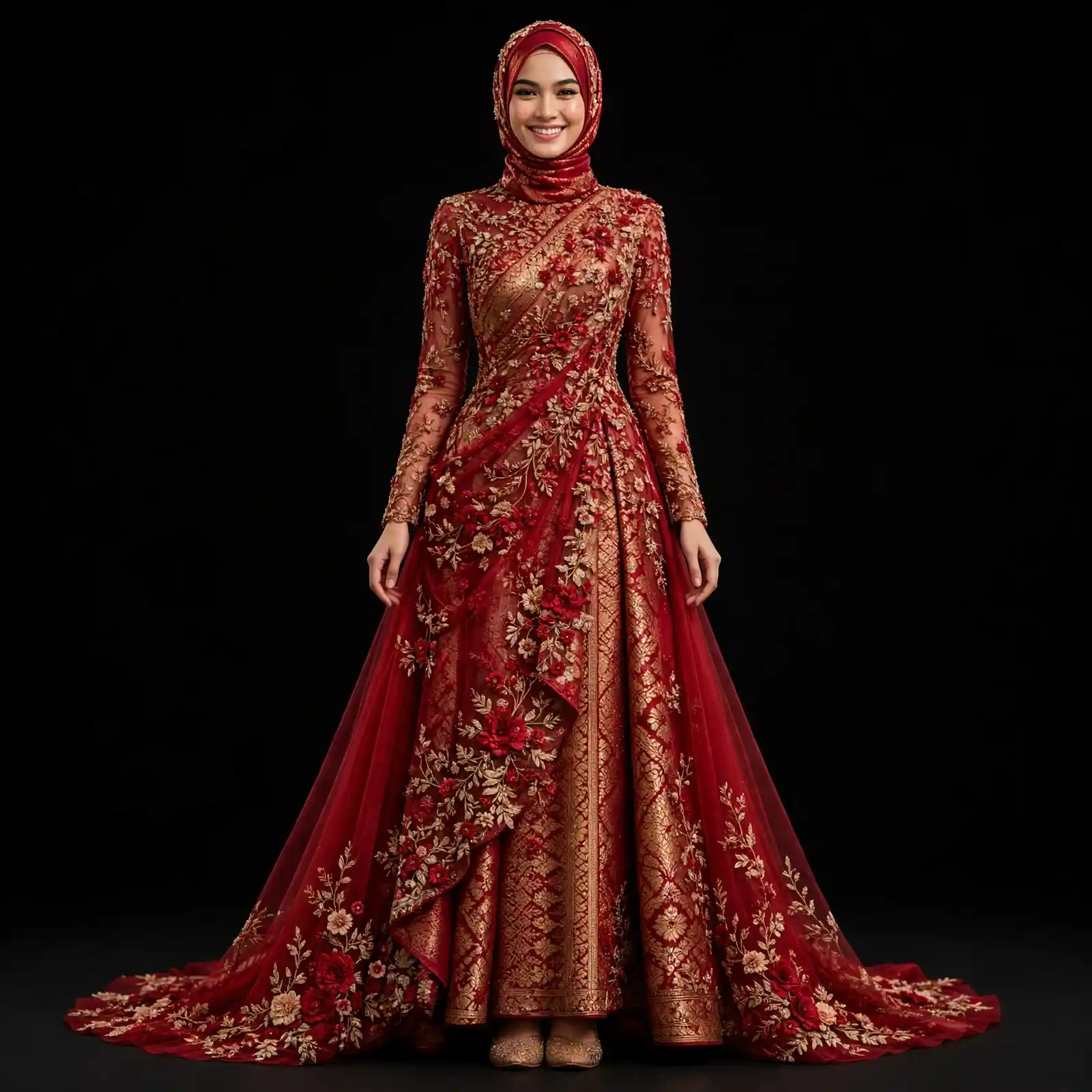 ExpensiveE Ruby Red Gold Floral Saree DrapedGown with Hijab and Gold Brocade