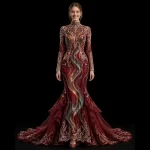Burgundy Aurora Expensive Red Iridescent Wave MermaidGown with Pearl Floral