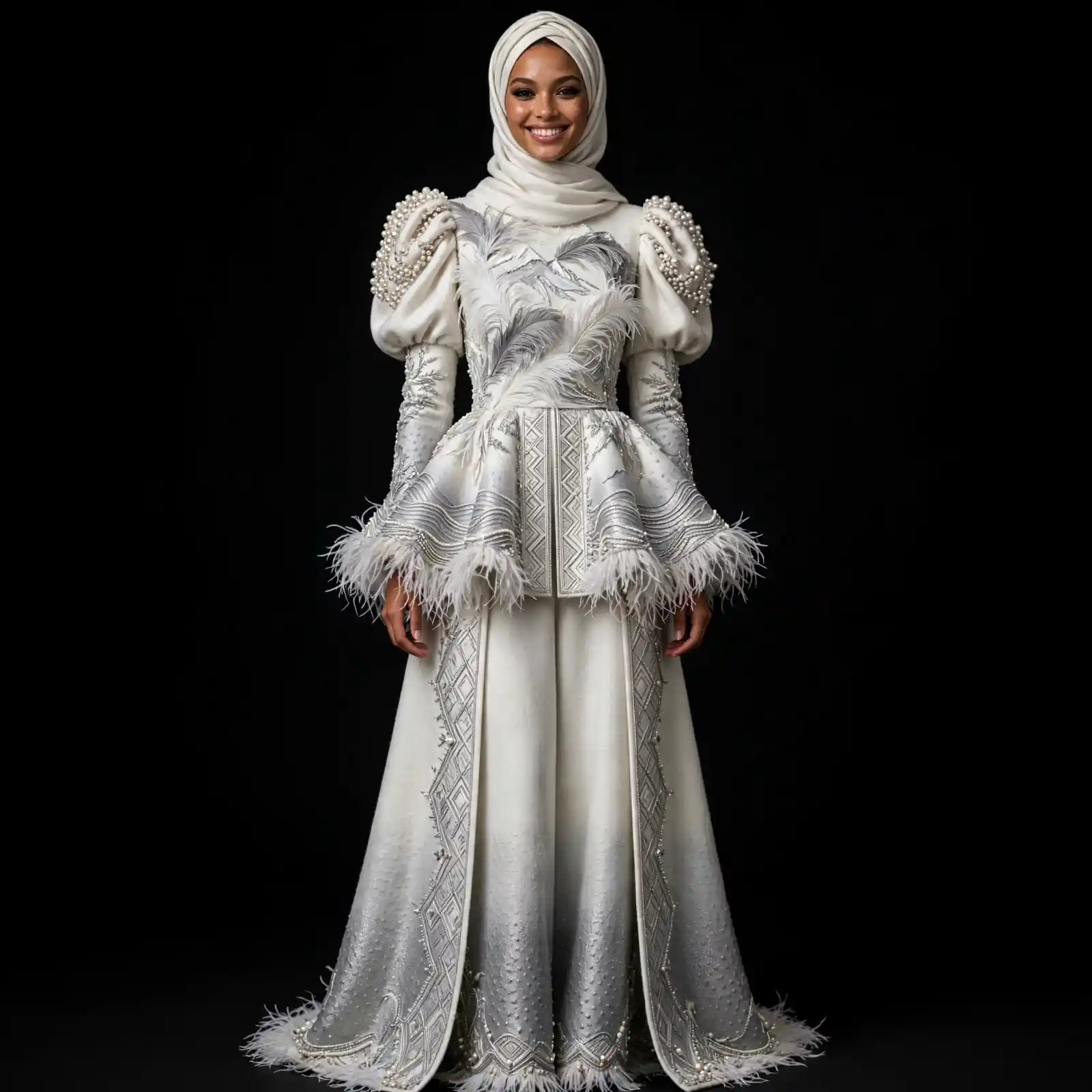 Feather Crown Expensive White Silver Feather Peplum Hijab Bridal Sharara with Pearl Shoulder Armor