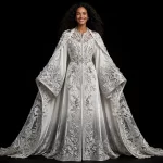 Expensive Pearl White 3D Floral Lace Cathedral CapeGown with Botanical Embroidery and Kimono Sleeves