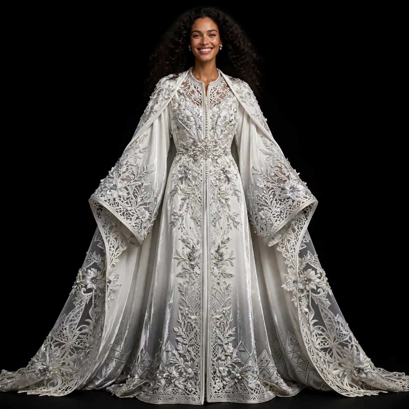 ExpensiveE Pearl White 3D Floral Lace Cathedral CapeGown with Botanical Embroidery and Kimono Sleeves