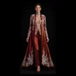 Garnet Frost Expensive Burgundy Silver Snowflake Embroidered Tuxedo Coat Dress with Pants