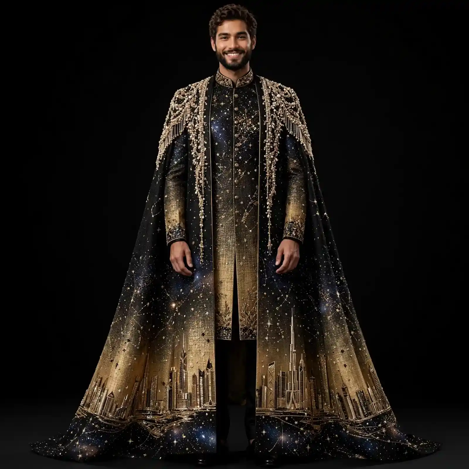 DUBAI SKYLINE GALAXY GROOM CAPE - Black Gold Starry Wedding Sherwani with City Embroidery - Buy black and gold Expensive Groom Cape Wedding Dress Online