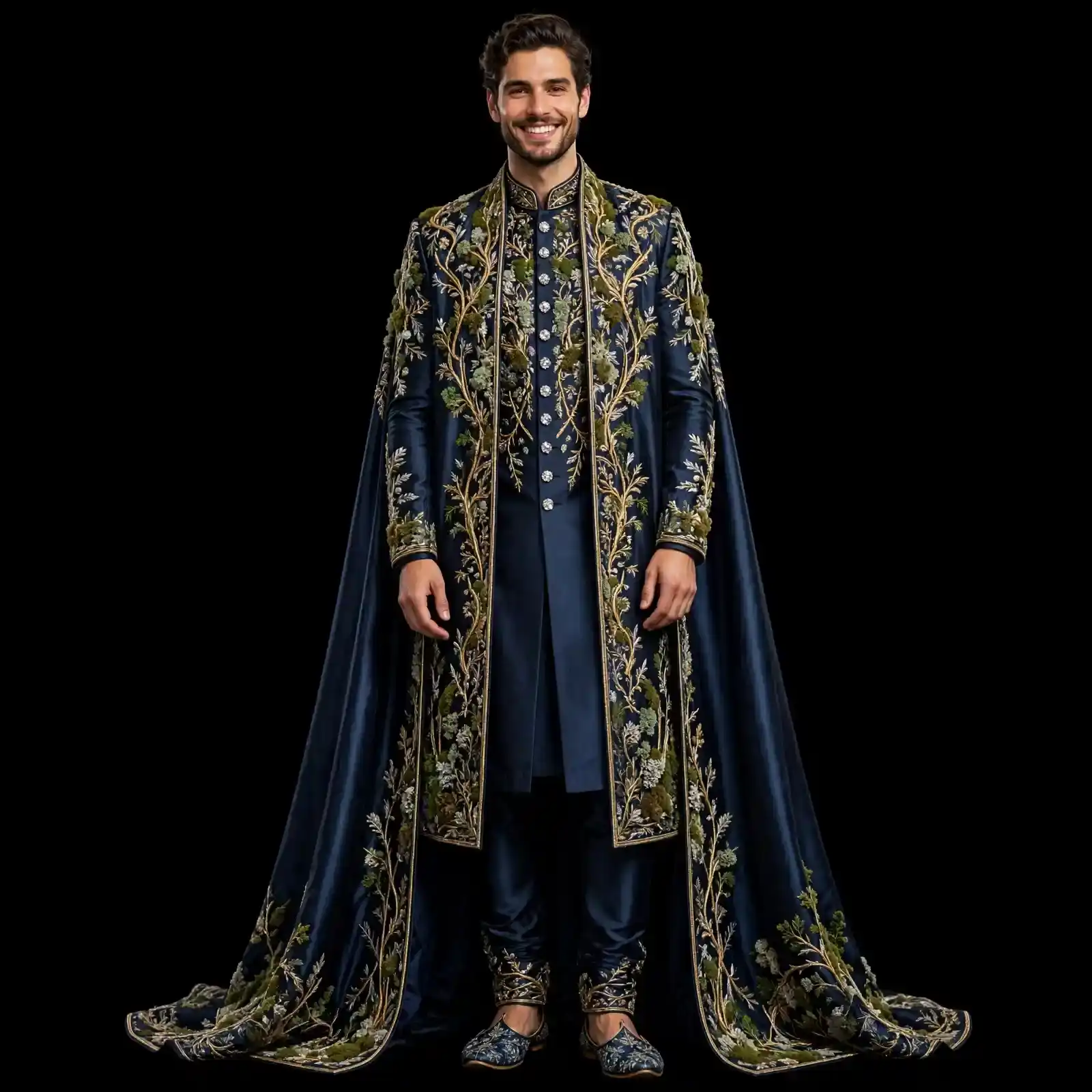 Men's Navy Blue Floral Embroidered Cape Sherwani
