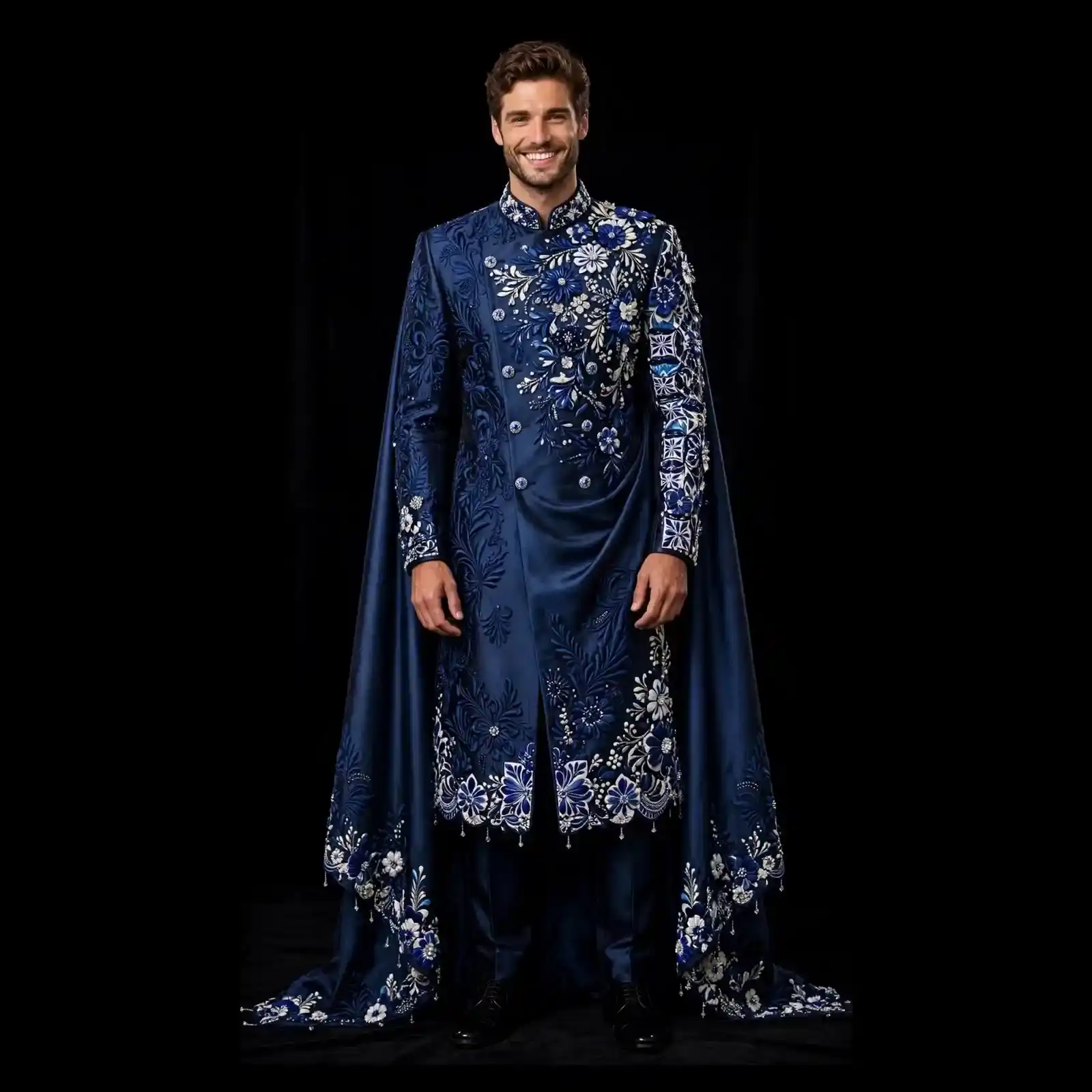 Men's Midnight Blue Floral Cape Sherwani Angrakha