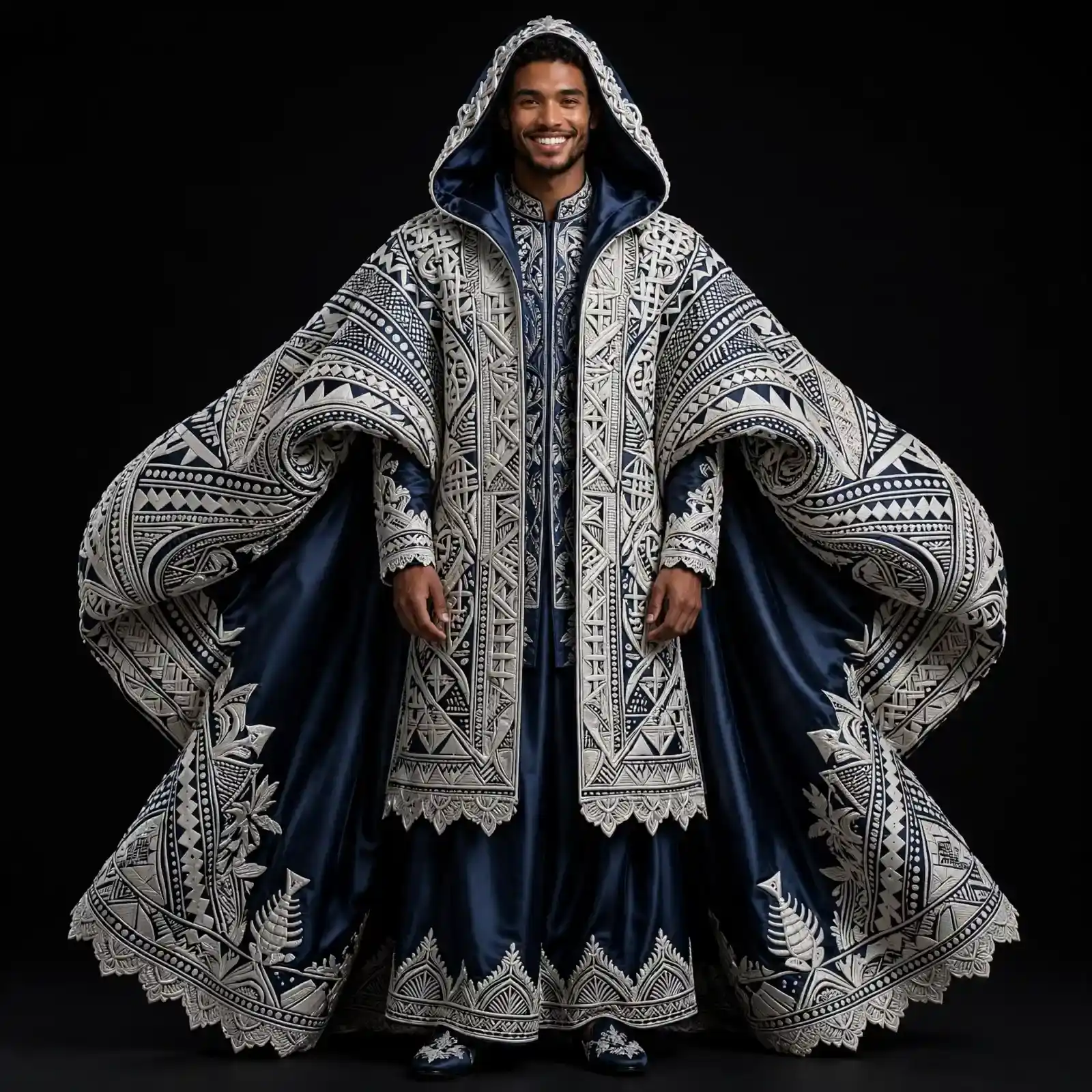 MIDNIGHT TRIBAL HOODED GROOM CAPE - Navy White Agbada Style Wedding Sherwani - Buy navy blue and white Expensive Groom Cape Wedding Dress Online