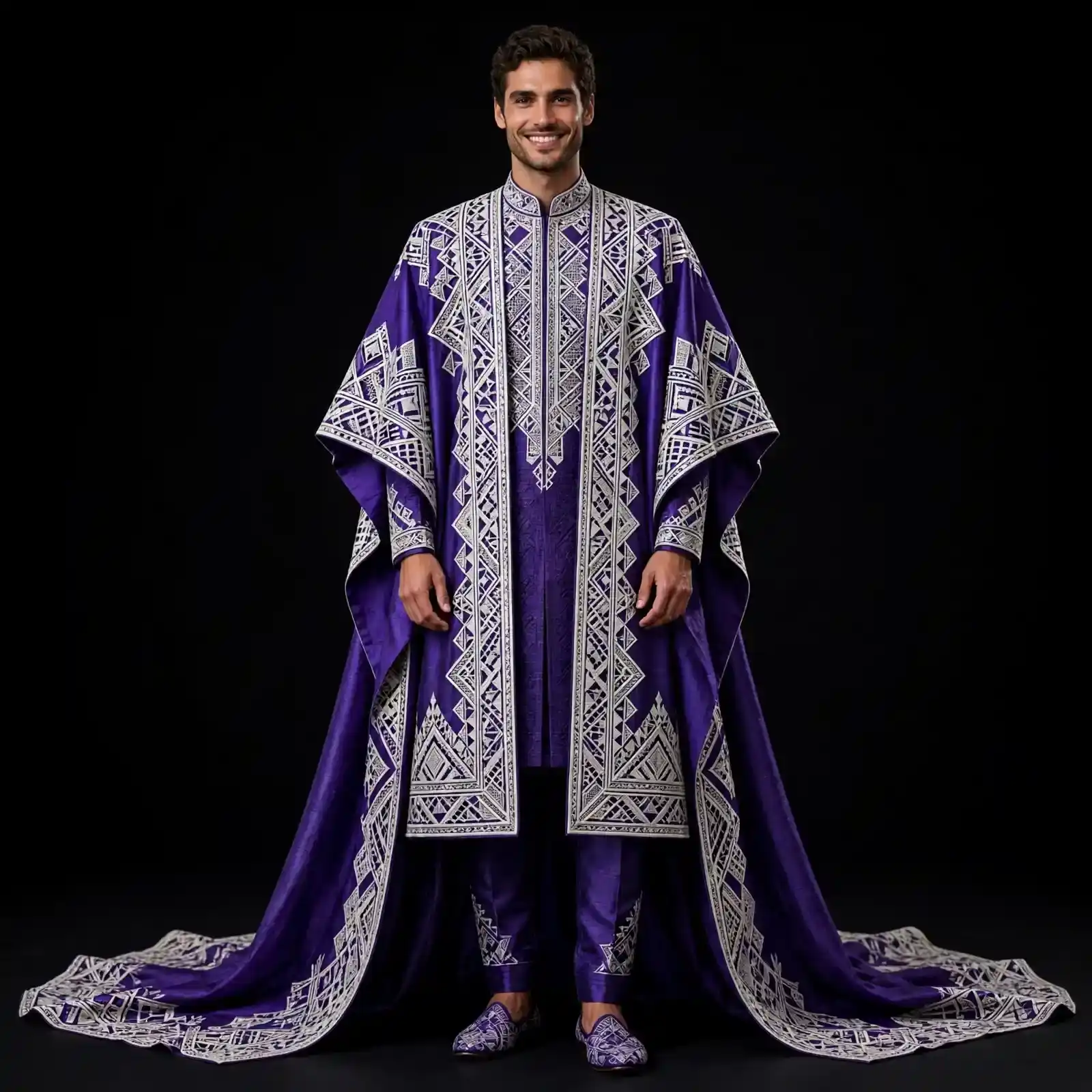 VIOLET GEOMETRIC TRIBAL GROOM CAPE - Purple White Dashiki Agbada Wedding Wear - Buy royal purple Expensive Groom Cape Wedding Dress Online
