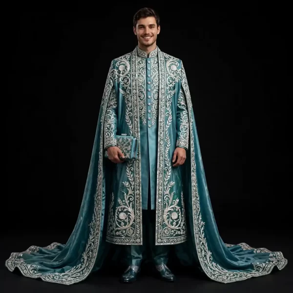 Men's Teal Blue Baroque Cape Sherwani Groom