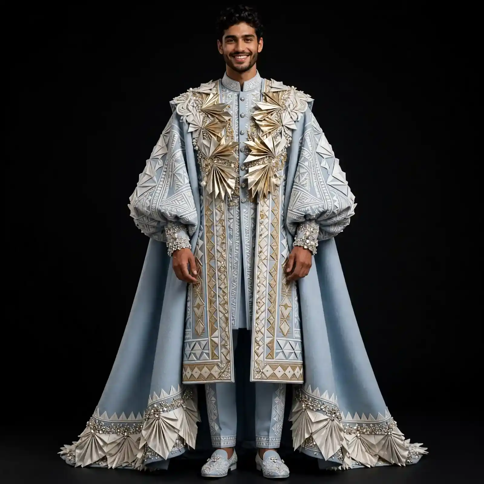 Men's Powder Blue Gold Origami Cape Sherwani Groom