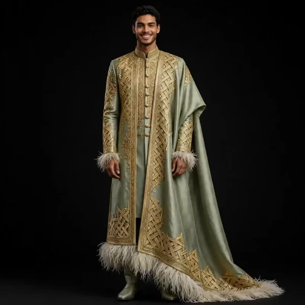 Men's Sage Green Feather Cape Sherwani Gold Lattice